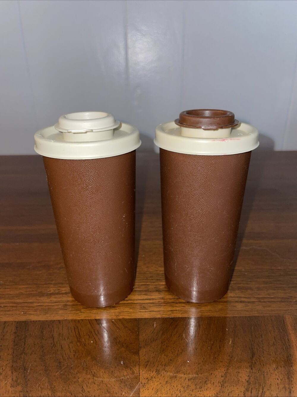 Vintage 1970s Tupperware Salt & Pepper Shaker Set #1329 Brown & Almond Flip Top
